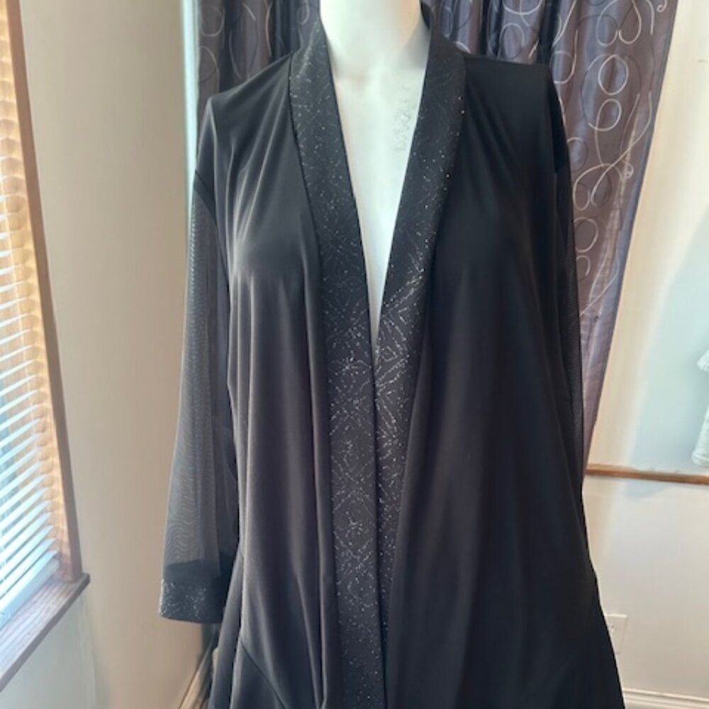 R & M Richards Black glitter black sheer sleeves open cardigan blazer, size 2X